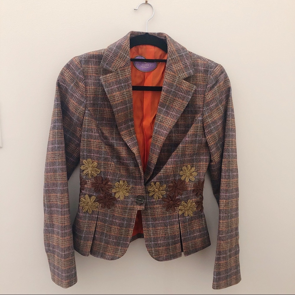 Vintage Etro wool plaid blazer with floral detail